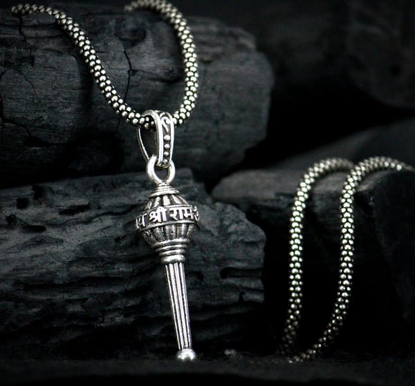 Silver Plated Lord Hanuman Gada Shri Ram word in Hindi Pendant Locket Men